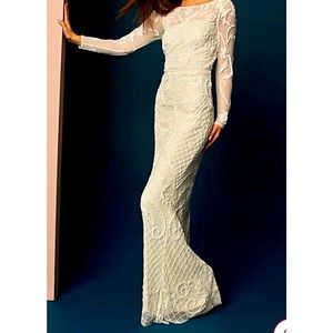 Allover Scroll Beaded Illusion Long Sleeve Gown
